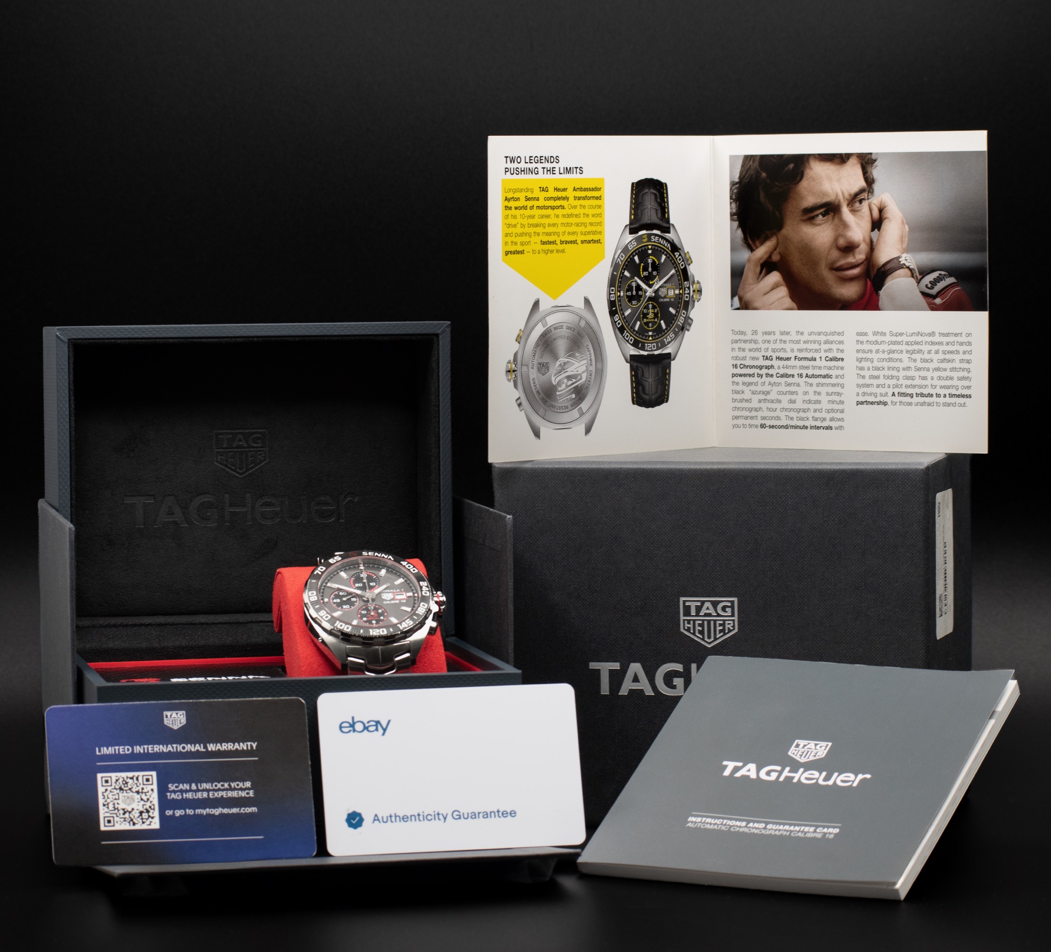 Complete TAG Heuer Formula 1 Senna set with watch, presentation box, cards, and booklets